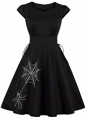 Black Halloween mini dress with embroidered spider and spiderweb